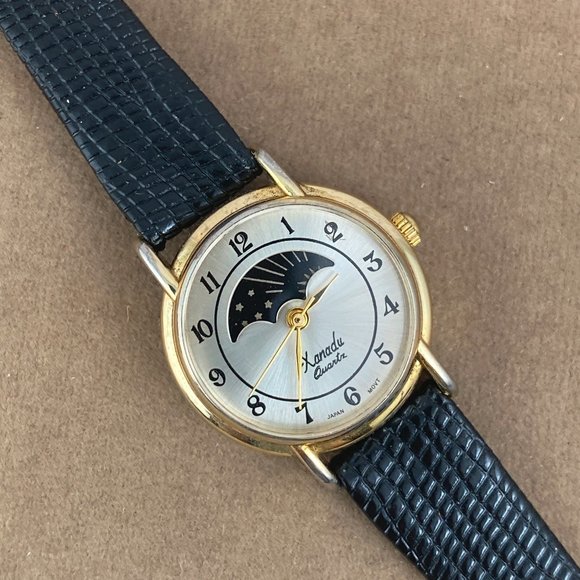 Vintage Xanadu Moon Phase Gold Tone Watch Black Lizard  8 inch Strap - Picture 3 of 8